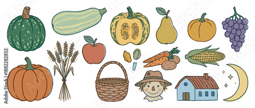 Charming set of hand-drawn autumn illustrations featuring pumpkins, fruits, vegetables, a scarecrow, and other rustic harvest elements in a cute doodle style for seasonal design