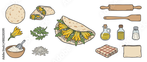 Illustrated recipe elements for a vegetarian flatbread with zucchini flowers, showing ingredients like flour, cheese, and arugula with cooking tools in a hand-drawn doodle style