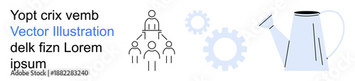 Leadership, teamwork, organization, workflow, productivity, gardening. a group hierarchy diagram, gears and a watering can. Leadership and teamwork concept in process optimization