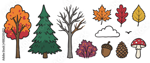 Set of hand-drawn autumn forest elements including colorful trees, fall leaves, a mushroom, an acorn, and a pinecone in a cute cartoon doodle style for seasonal design