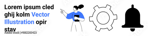 Woman pointing while holding documents with accompanying gear and bell visuals. Ideal for technology, notifications, settings, management, productivity, user experience, simple landing page