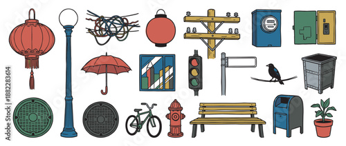 Large collection of colorful urban street objects illustrated in a hand-drawn doodle style, featuring a lantern, bicycle, bench, lamppost, traffic light, and fire hydrant