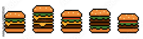 Pixel burger food set with different cheeseburgers. Perfect for game design, food apps, menus, restaurant branding, delivery services, retro interfaces and playful digital projects.