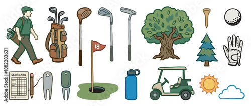 Collection of hand-drawn golf illustrations featuring a golfer, clubs, cart, ball, and other sports equipment symbols in a charming, cartoonish doodle style for various design projects
