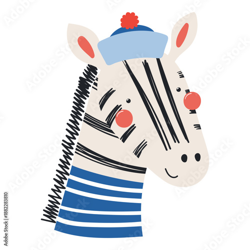 Cute little zebra sailor isolated on transparent. Kawaii cartoon character. Hand drawn flat vector illustration. Kids nautical design element, clip art, fashion print, poster, wall art
