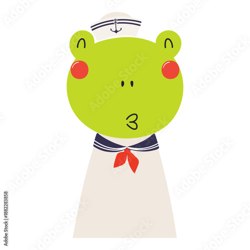 Cute little frog sailor isolated on transparent. Kawaii cartoon character. Ha...