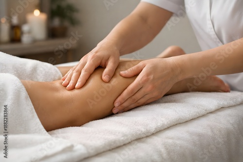 Close up of hands performing manual lymphatic drainage massage on a thigh for wellness therapy, circulation and recovery