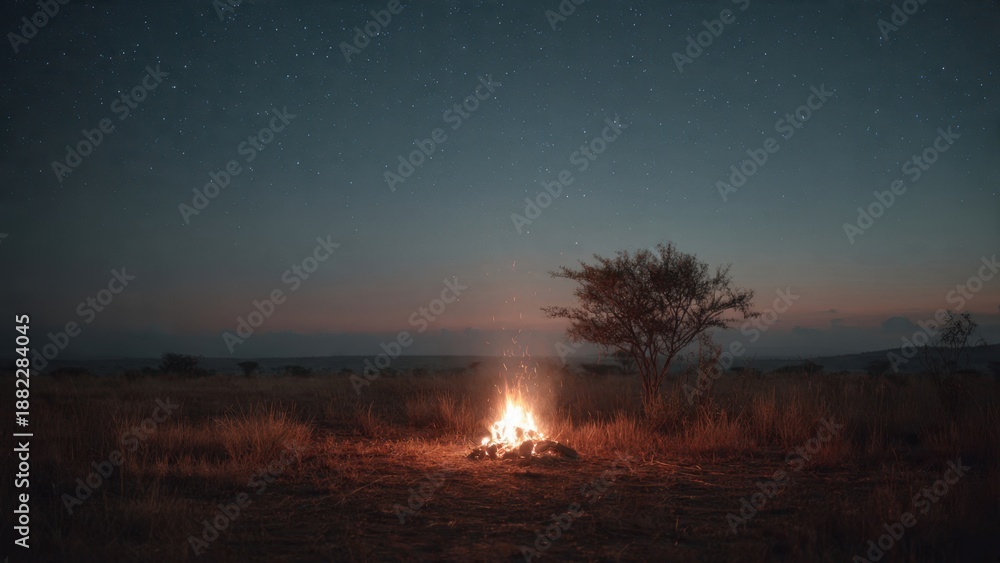 Naklejka premium Nighttime campfire under starry sky