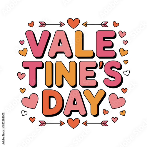 A colorful Valentine's Day graphic with hearts and arrows on a white background