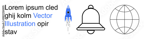 Digital design, technology concepts, notifications, space exploration, global communication, placeholder text. Rocket launching, bell globe and text on white background. Technology and digital