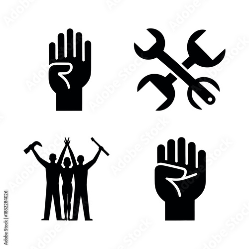 A set of black and white icons representing labor, tools, and teamwork on a clean white background