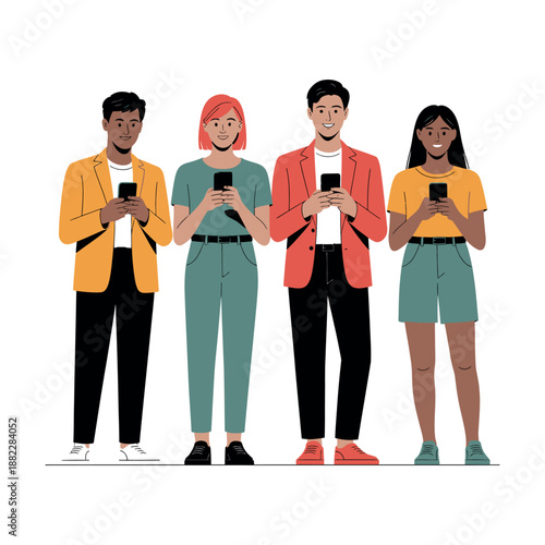 A diverse group of young adults standing together and using their smartphones with smiles on their faces.