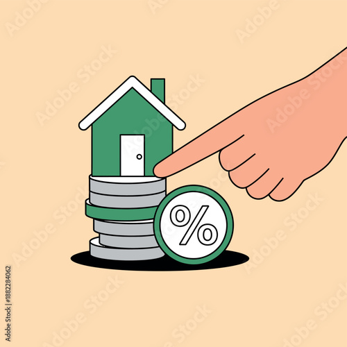 A hand pointing to a house on top of coins with a percentage sign, symbolizing home financing and mortgage rates.