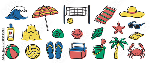 Vibrant set of summer beach vacation icons drawn in a playful doodle style, featuring a sandcastle, umbrella, palm tree, crab, and various seaside holiday accessories
