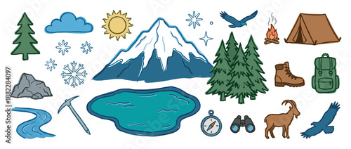 Collection of hand-drawn camping and hiking icons featuring a mountain, tent, trees, and outdoor adventure elements in a colorful doodle style illustration set