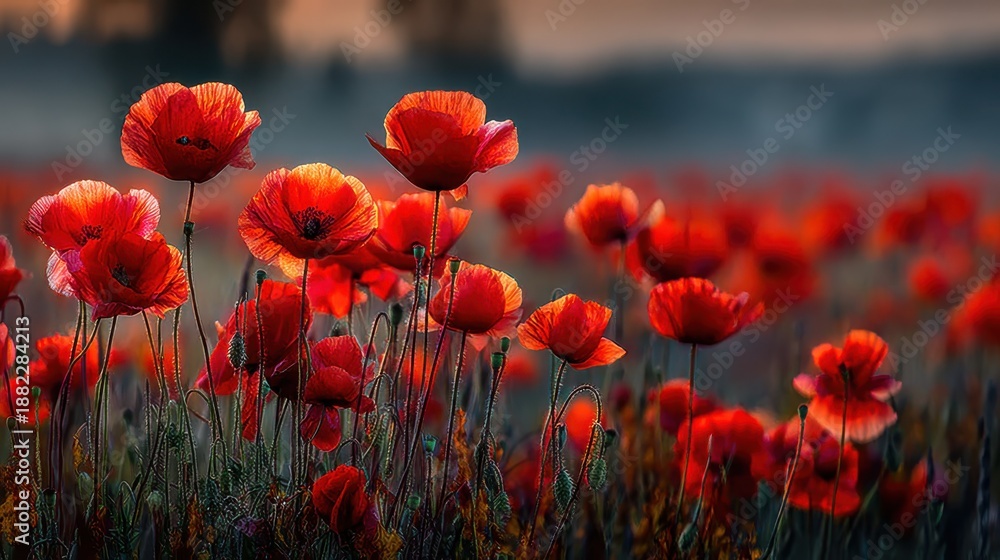 Fototapeta premium Lush field of vibrant red poppies glowing under the warm light of sunset, capturing a serene and colorful landscape in rich detail.