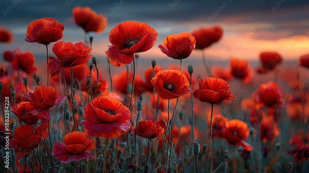 Fototapeta premium Lush field of vibrant red poppies glowing under the warm light of sunset, capturing a serene and colorful landscape in rich detail.