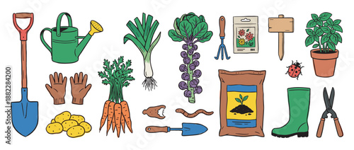 Colorful hand-drawn set of gardening tools and fresh vegetables including a shovel, watering can, carrots, and potatoes in a charming doodle illustration style for farming concepts