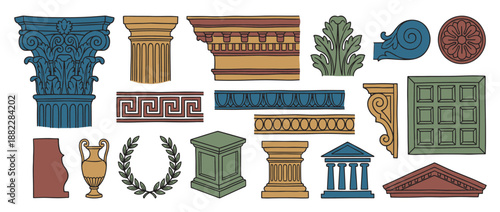Set of classical architectural elements from ancient Greece and Rome, including columns, capitals, friezes, and ornaments, rendered in a colorful, hand-drawn illustrative style
