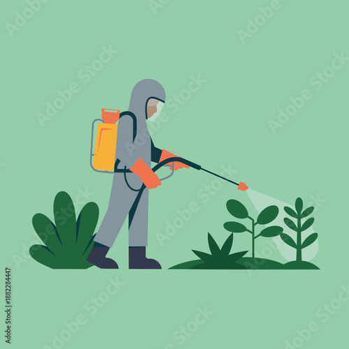 A person in protective gear spraying pesticide on plants in a garden