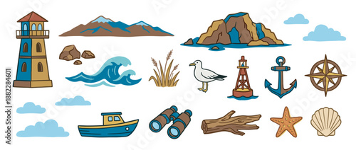 Colorful collection of hand-drawn nautical illustrations featuring a lighthouse, boat, anchor, seagull, and compass rose in a simple cartoon doodle style for adventure themes
