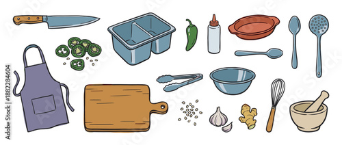 Collection of illustrated kitchen utensils and food ingredients for cooking, including a knife, cutting board, apron, jalapeño, garlic, and ginger in a hand-drawn doodle style