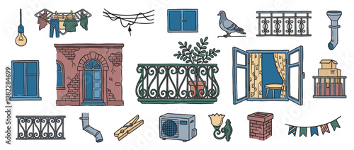 Collection of hand-drawn urban building elements including a vintage balcony, window, pigeon, and laundry, illustrated in a charming doodle style with muted colors and black outlines