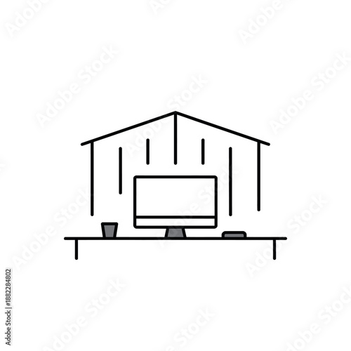 A simple line drawing of a computer in a garage or shed with a desk and cup