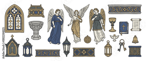 Collection of medieval Christian religious illustrations featuring angels, a gothic window, a baptismal font, a bible, and other church symbols in a hand-drawn vintage style