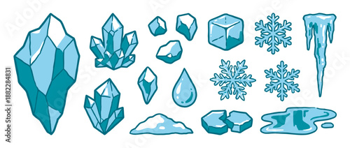 Collection of blue ice and snow illustrations including crystals, snowflakes, an icicle, a water drop, and an ice cube in a simple cartoon vector style for seasonal themes