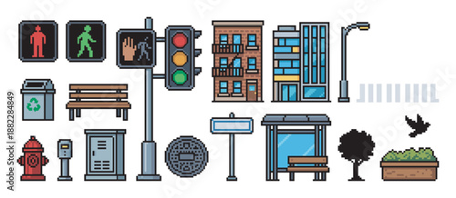 Collection of urban city street pixel art icons showing buildings, a traffic light, a bus stop, and other elements in a retro 8-bit video game style illustration set