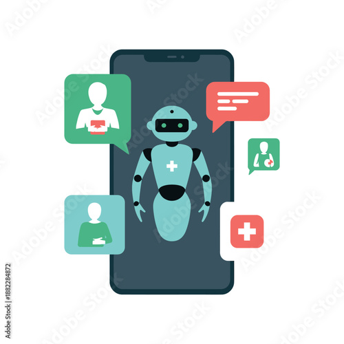 A robot with a medical cross on its chest is displayed on a smartphone screen with various chat icons around it.