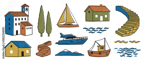Charming set of hand-drawn illustrations featuring Mediterranean village elements like coastal houses, boats, cypress trees, and stone stairs in a naive, rustic artistic style