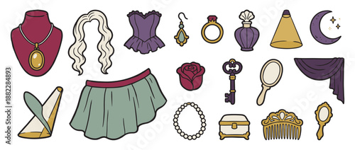 Set of various cartoon fantasy items for a princess or witch, including a corset, wig, jewelry, key, and mirror, in a cute doodle illustration style
