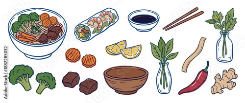 Charming hand-drawn illustration set of Asian cuisine elements, including a noodle soup bowl, spring roll with shrimp, fresh vegetables, and various spices for a traditional meal