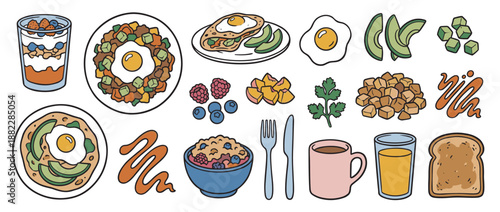 Colorful collection of hand-drawn breakfast food illustrations including eggs, avocado, toast, oatmeal, berries, coffee, and juice in a simple, charming doodle style