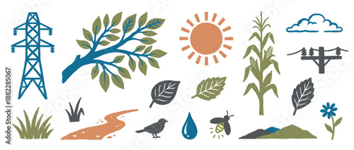 Hand-drawn set of rustic environmental icons including a power line, sun, corn stalk, bird, and flower, illustrated with a simple, earthy color palette in a block print style