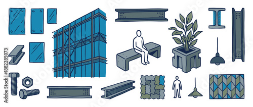 Set of hand-drawn urban architecture illustrations featuring a modern glass building, steel beams, a concrete bench, and city elements in a blue and green doodle style