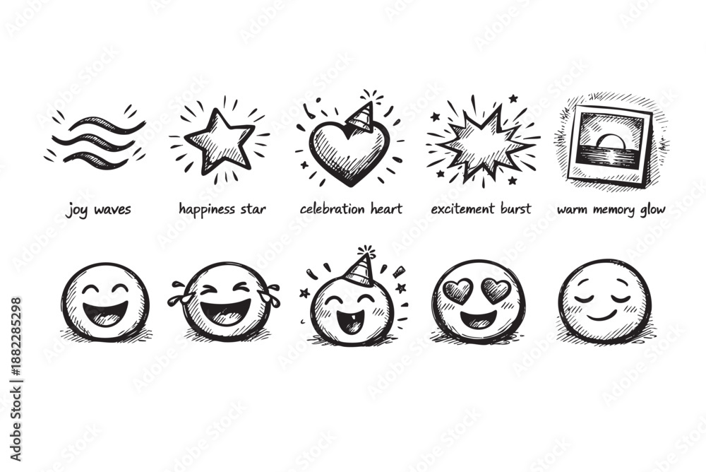 Fototapeta premium Hand-drawn emoticons expressing various emotions like joy, love, excitement, celebration, and nostalgia, rendered in black and white doodle style against a clean white backdrop.