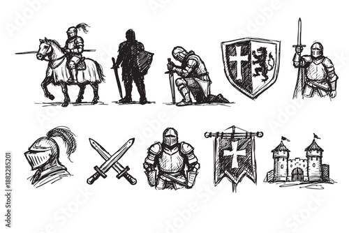 Hand-drawn sketches of knights, castles, banners, shields illustrate the medieval era with historic warriors and battle scenes. Useful for history, fantasy, or education concepts.