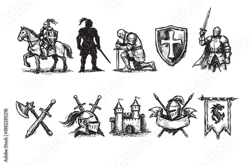 Black and white sketch illustration of medieval knight characters, castle, weapons and heraldry on white, perfect for illustrations and history projects.