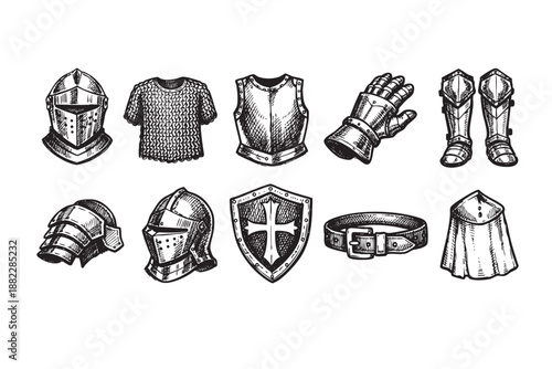 Detailed illustration showcasing various medieval knight armor pieces, including helmets, a shield, gauntlets, and more, rendered in a detailed black ink sketch on white.