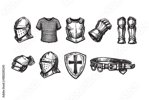 Hand-drawn sketch of various medieval knight armor pieces, including helmets, shield, gauntlet, and chainmail, all displayed on a clean white background.