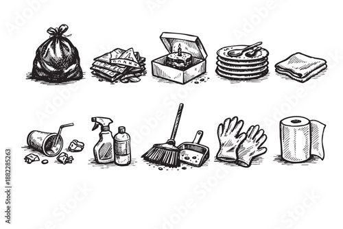 Hand-drawn illustration of cleaning supplies and waste, including a trash bag, cleaner, broom, gloves, dirty dishes, and discarded cake. Vector image on a white background.