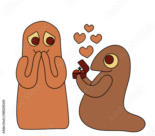 Two cute monsters, one proposing on one knee, holding out an engagement ring box with a golden diamond ring. Vector drawing. 