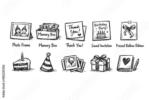 Hand-drawn sketches depicting party memorabilia like cake, gifts, photo frames, thank you notes, and invitations, all in black and white, perfect for scrapbooking themes.