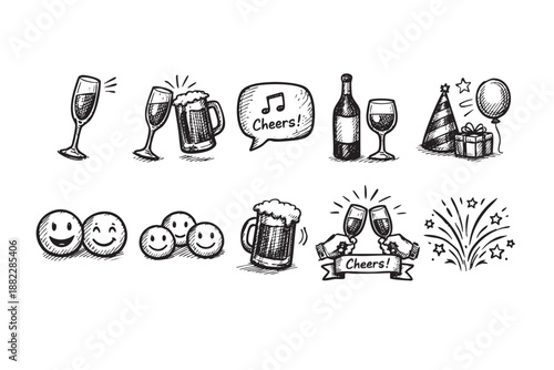 Celebration icons showcase festive mood with party hats, drinks, fireworks, and smiley faces for invitations.