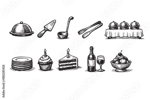 Black and white sketch of food items and serving pieces, including cake, ice cream, wine, plates, and serving utensils, useful for menus, websites, or recipe books.