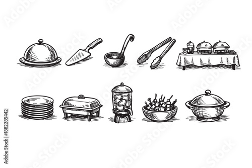 Hand-drawn illustration of catering equipment, including chafing dishes, beverage dispenser, and serving utensils, ideal for menu design and event promotions.