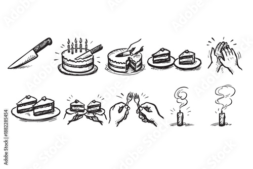Whimsical hand-drawn vector illustration showing birthday celebration events: slicing cake, sharing dessert, and celebratory applause, ending with extinguished candles.